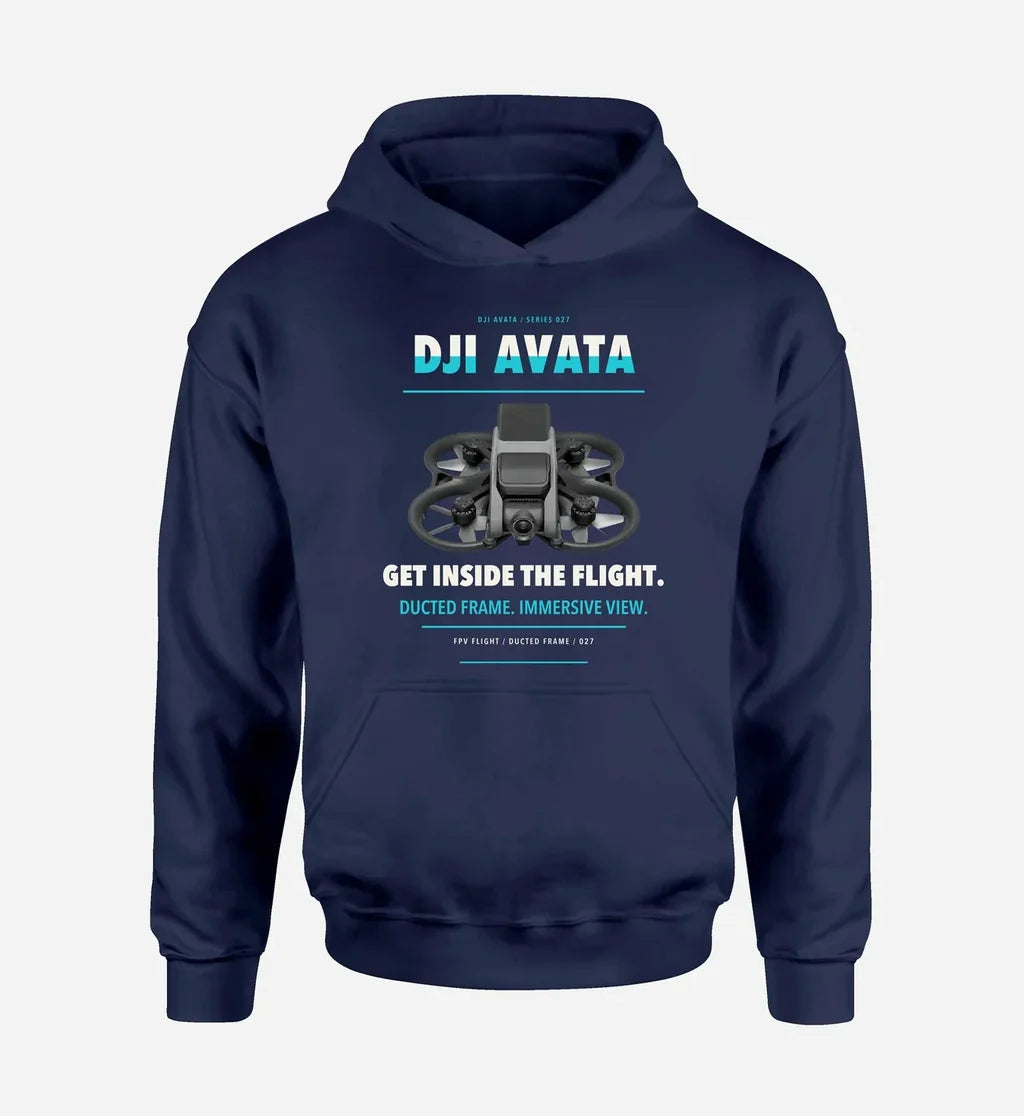 DJI Avata design on navy blue hoodie single side