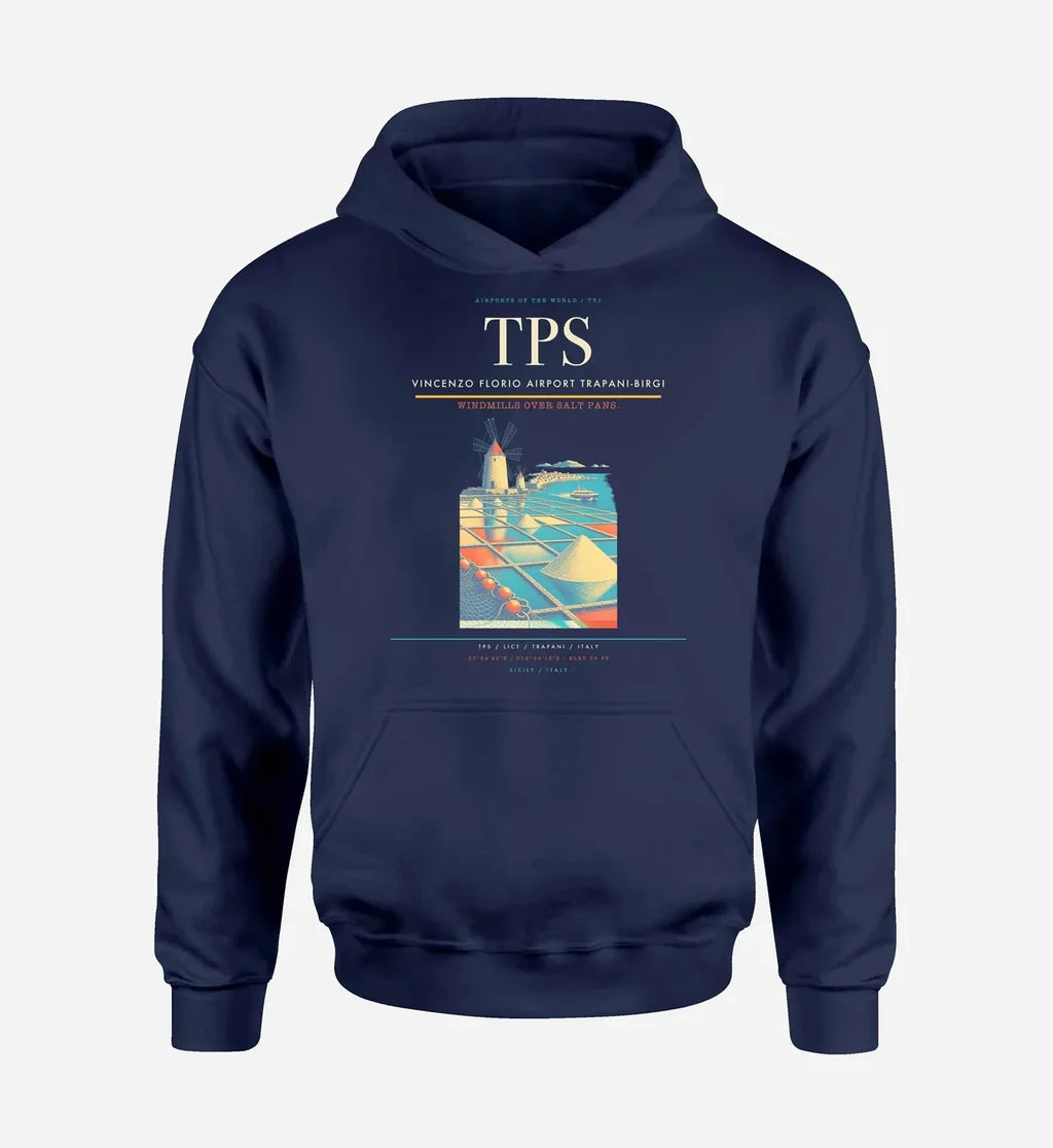 Vincenzo Florio Airport Trapani-Birgi (TPS) design on navy blue hoodie single-side print