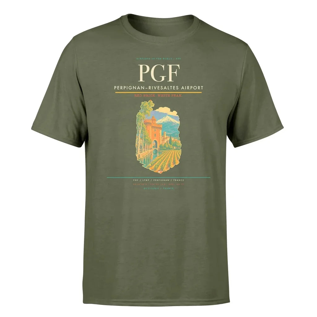 Perpignan–Rivesaltes Airport (PGF) T-Shirt single-side front print in Green Army | perpignanrivesaltes-airport-pgf-double-side-t-shirt