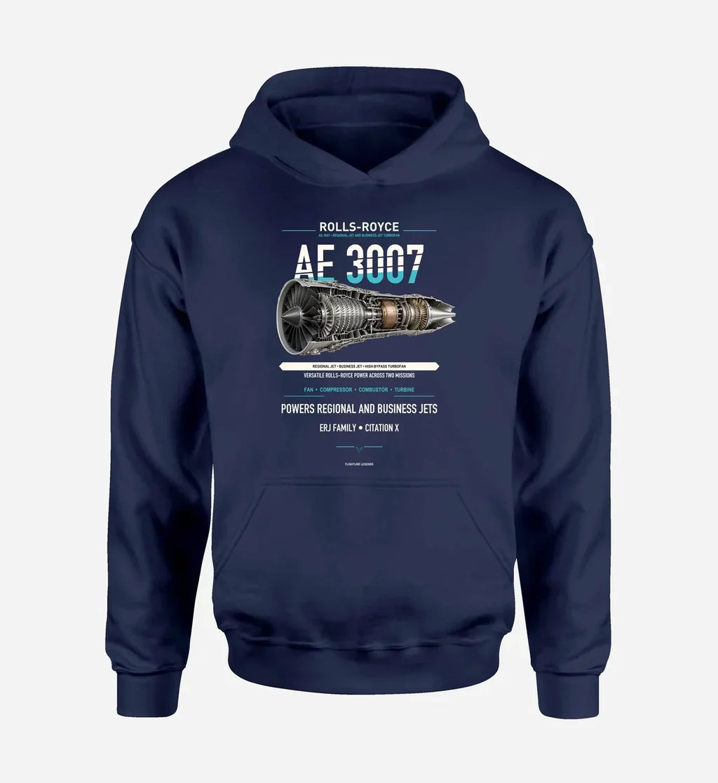 AE 3007 design on navy blue hoodie single side
