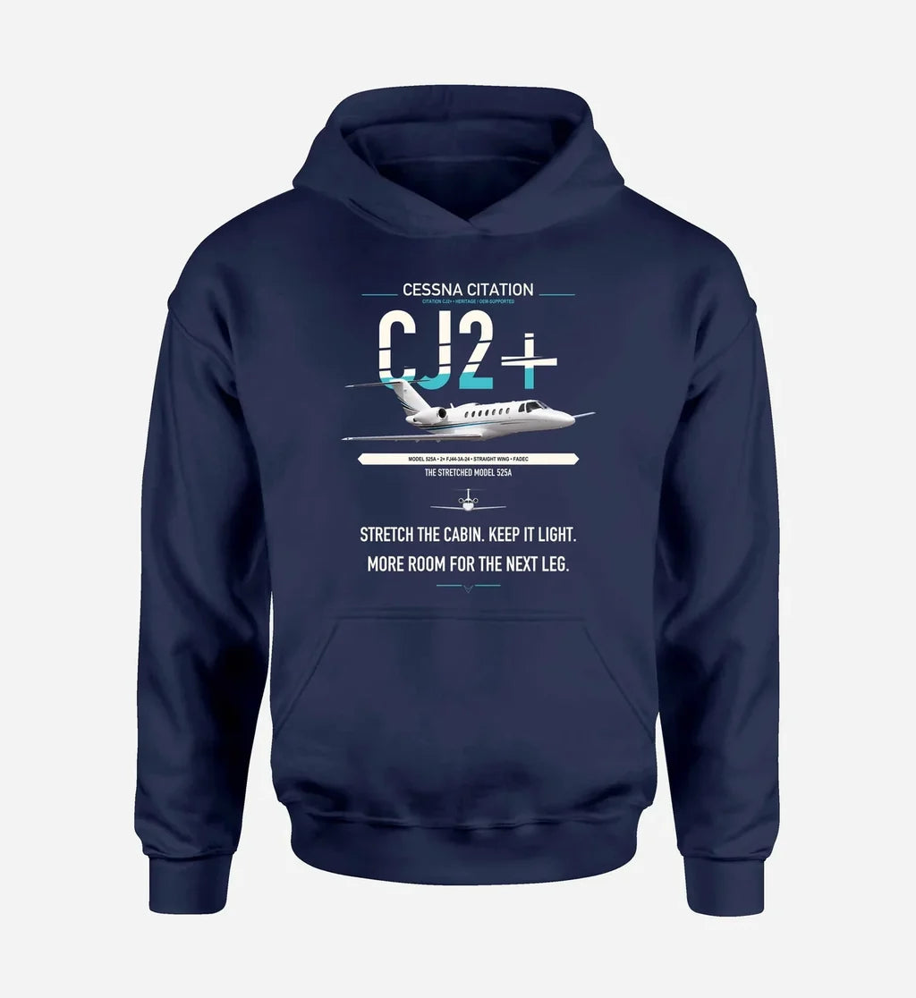Cessna Citation CJ2+ design on navy blue double-side hoodie, single-side print