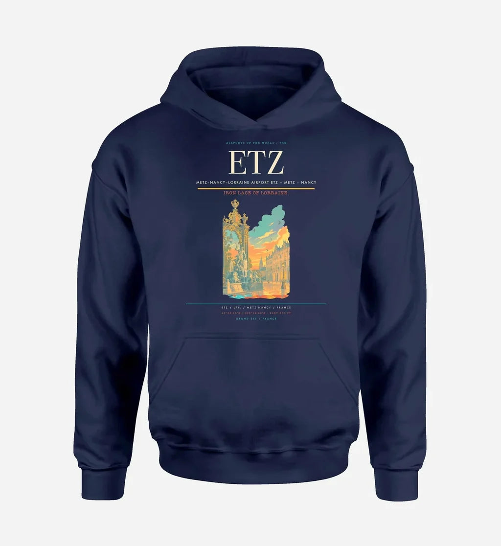 Metz–Nancy–Lorraine Airport (ETZ) design on navy blue hoodie single-side print