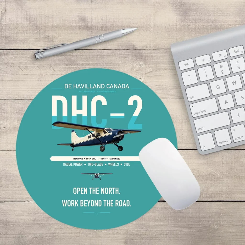 DHC-2 Beaver Mk I design on turquoise round mouse pad