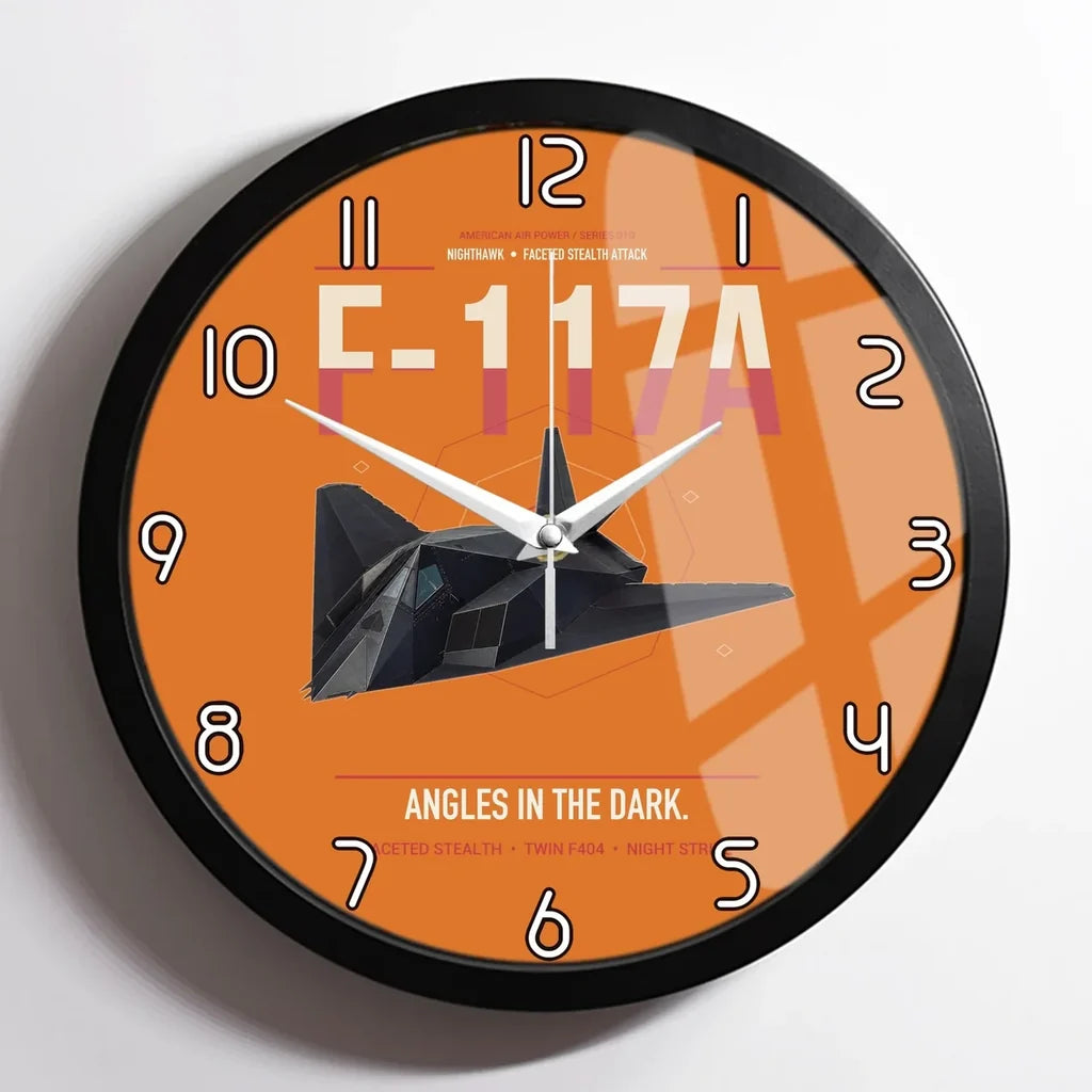 F-117A Nighthawk design on orange framed wall clock