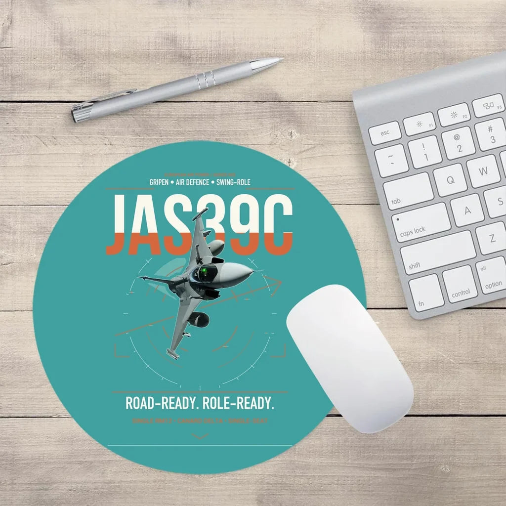 Saab JAS 39C Gripen design on turquoise round mouse pad