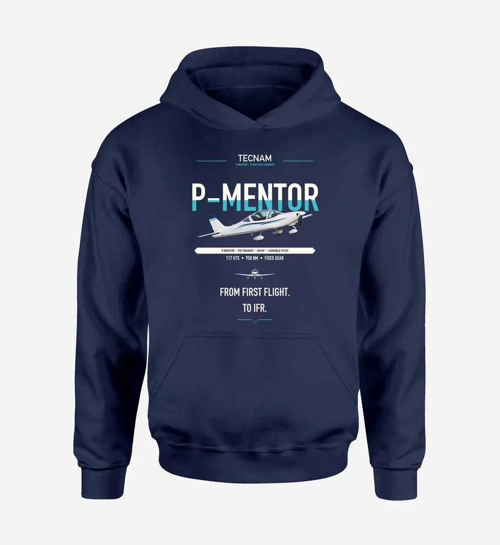 Tecnam P-Mentor design on navy blue double-side hoodie, single-side print