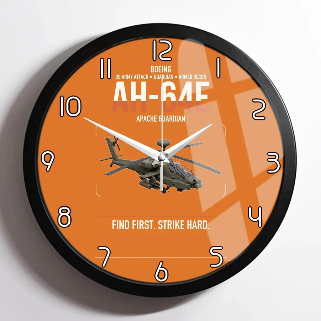 Boeing AH-64E Apache Guardian design on orange framed wall clock