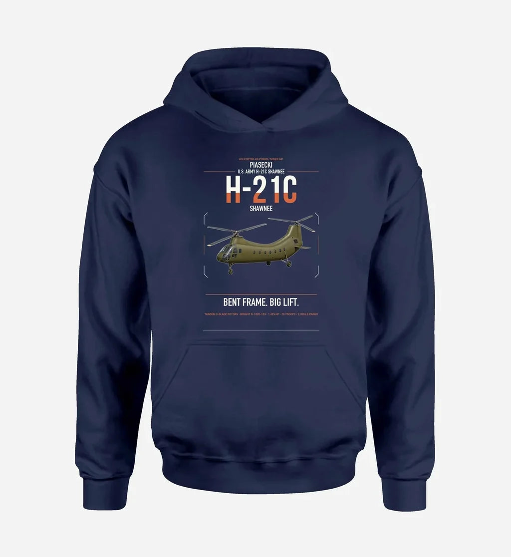 Piasecki H-21C Shawnee design on navy blue double-side hoodie, single-side print