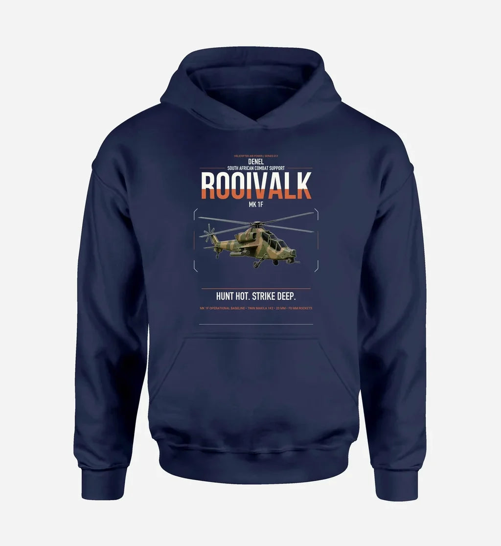 Denel Rooivalk Mk 1F design on navy blue double-side hoodie, single-side print