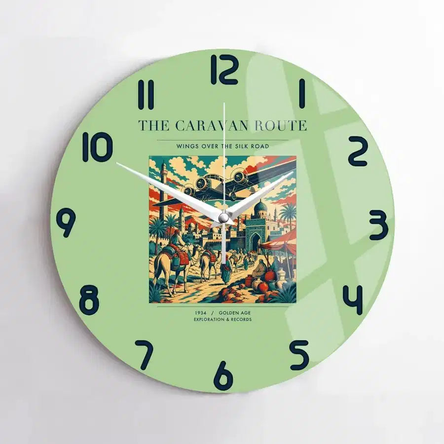 VINTAGE G4040 - The Caravan Route - Designed Wall Clocks design on lightgreen no-frame