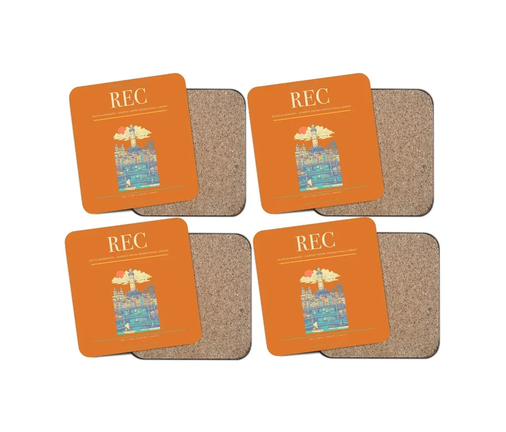 Recife Guararapes (REC) design on orange 4 pieces set coaster
