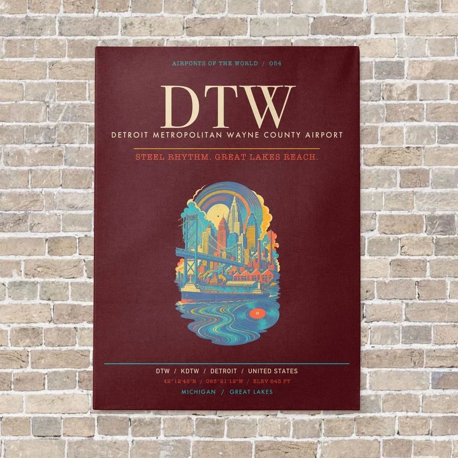 Detroit Metropolitan Wayne County Airport DTW - Canvas Framed - Dark Red