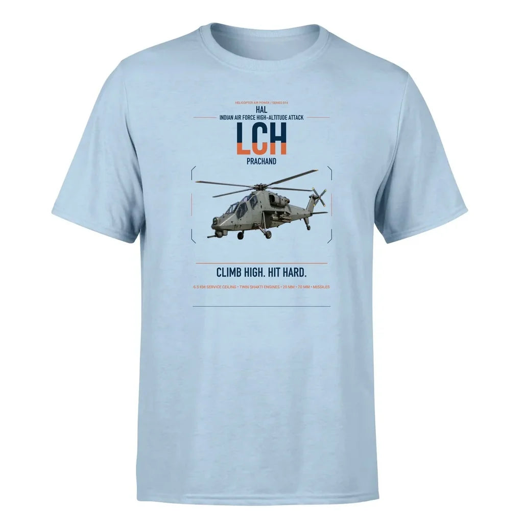 HAL LCH Prachand design on light blue t-shirt, single-side print