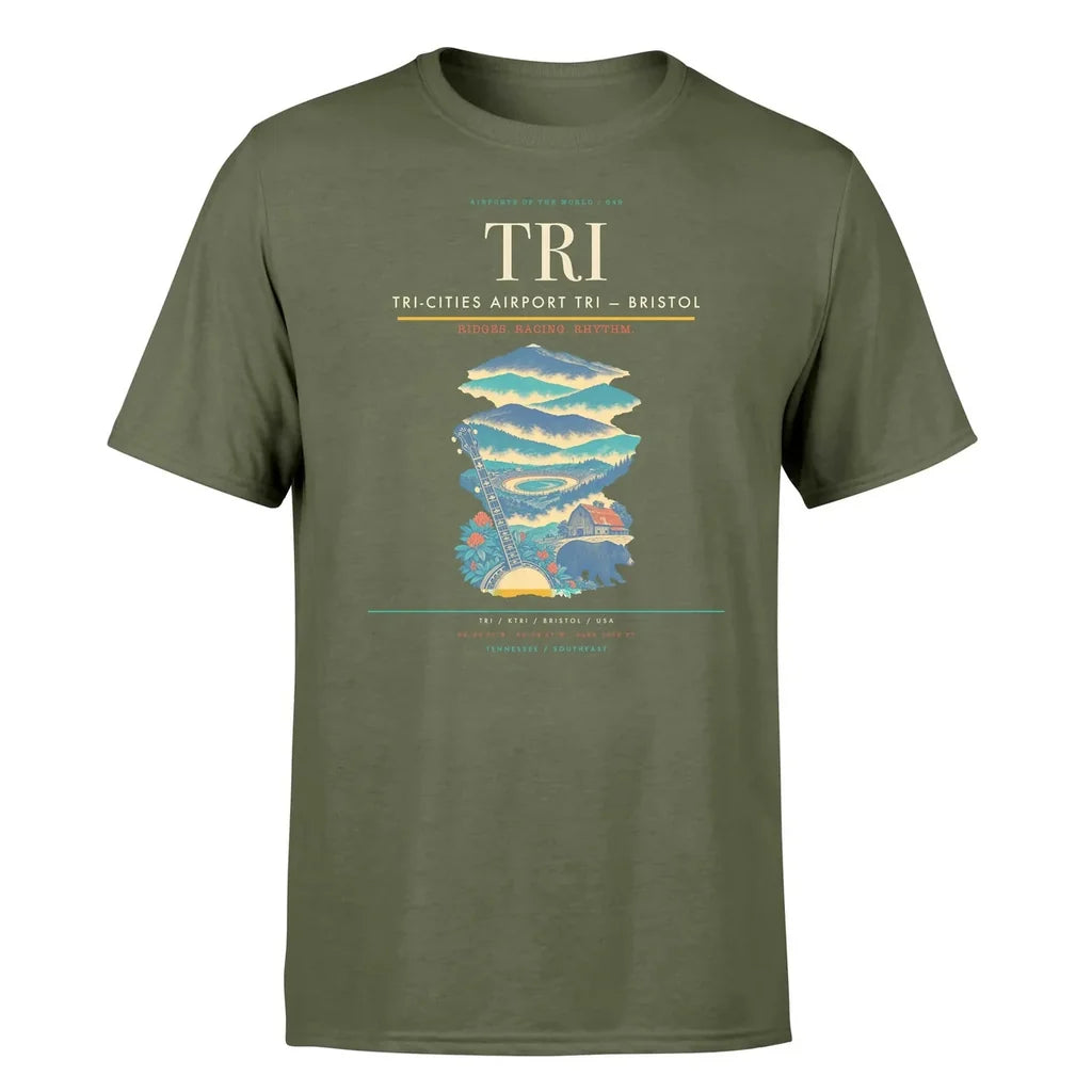 Tri-Cities Airport (TRI) T-Shirt single-side front print in Green Army | tri-cities-airport-tri-double-side-t-shirt