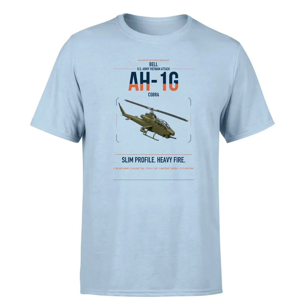 Bell AH-1G Cobra design on light blue t-shirt, single-side print