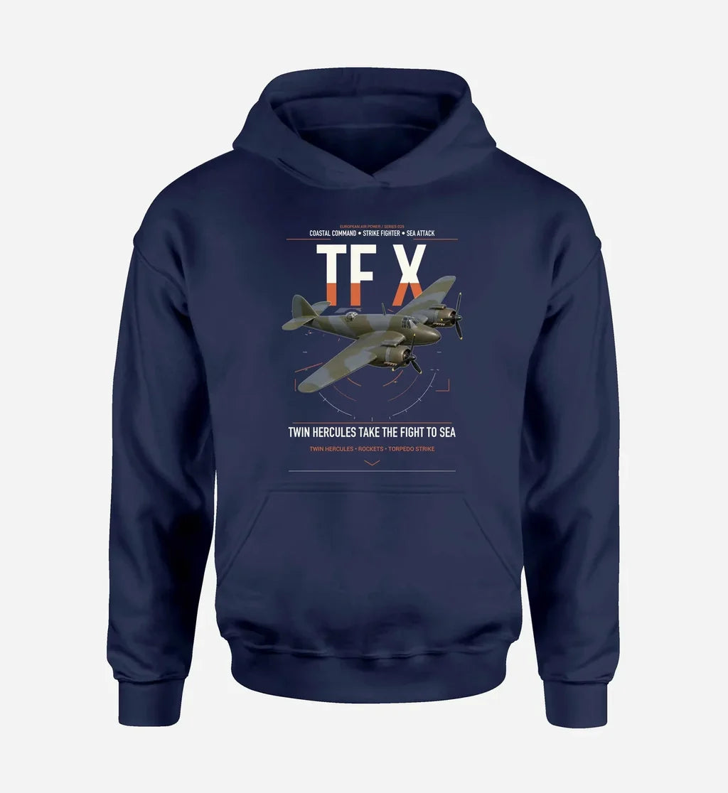Bristol Beaufighter TF X design on navy blue double-side hoodie, single-side print