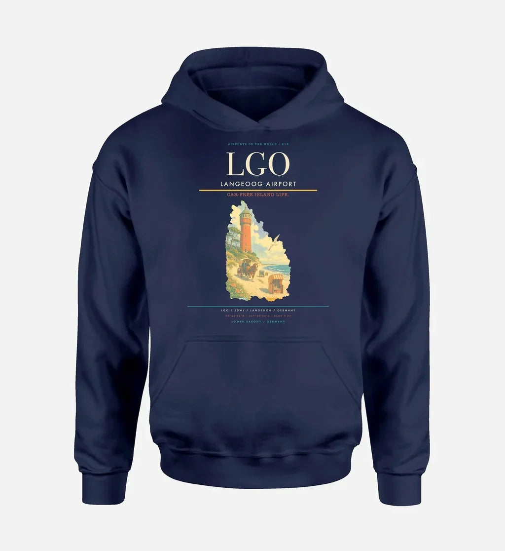 Langeoog Airport (LGO) design on navy blue hoodie single-side print