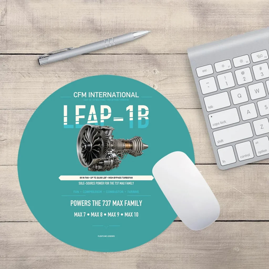 CFM LEAP-1B design on turquoise round mouse pad