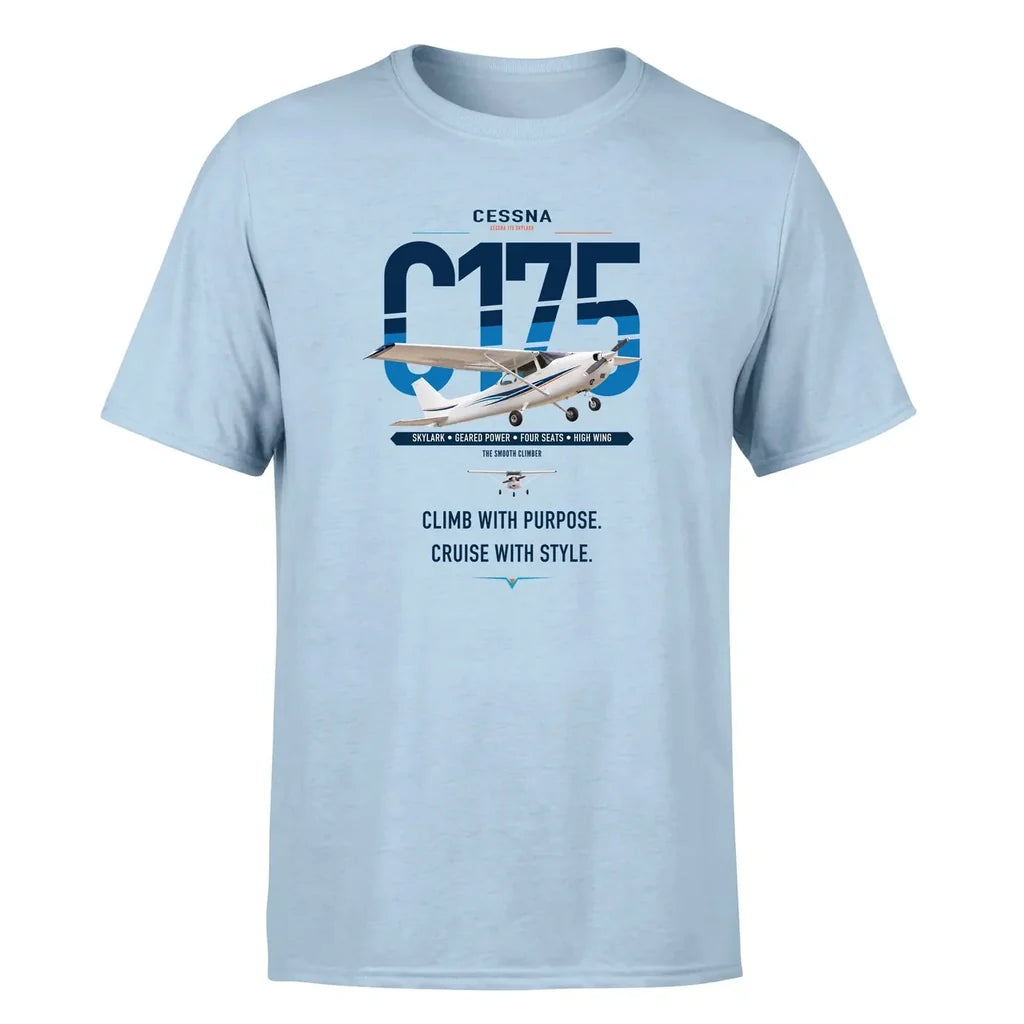 Cessna 175 Skylark design on light blue t-shirt, single-side print