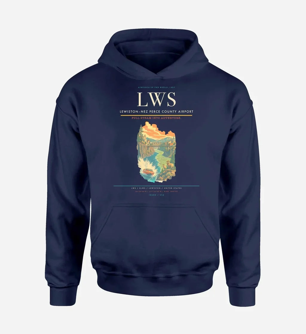 Lewiston–Nez Perce County Airport (LWS) design on navy blue hoodie single-side print