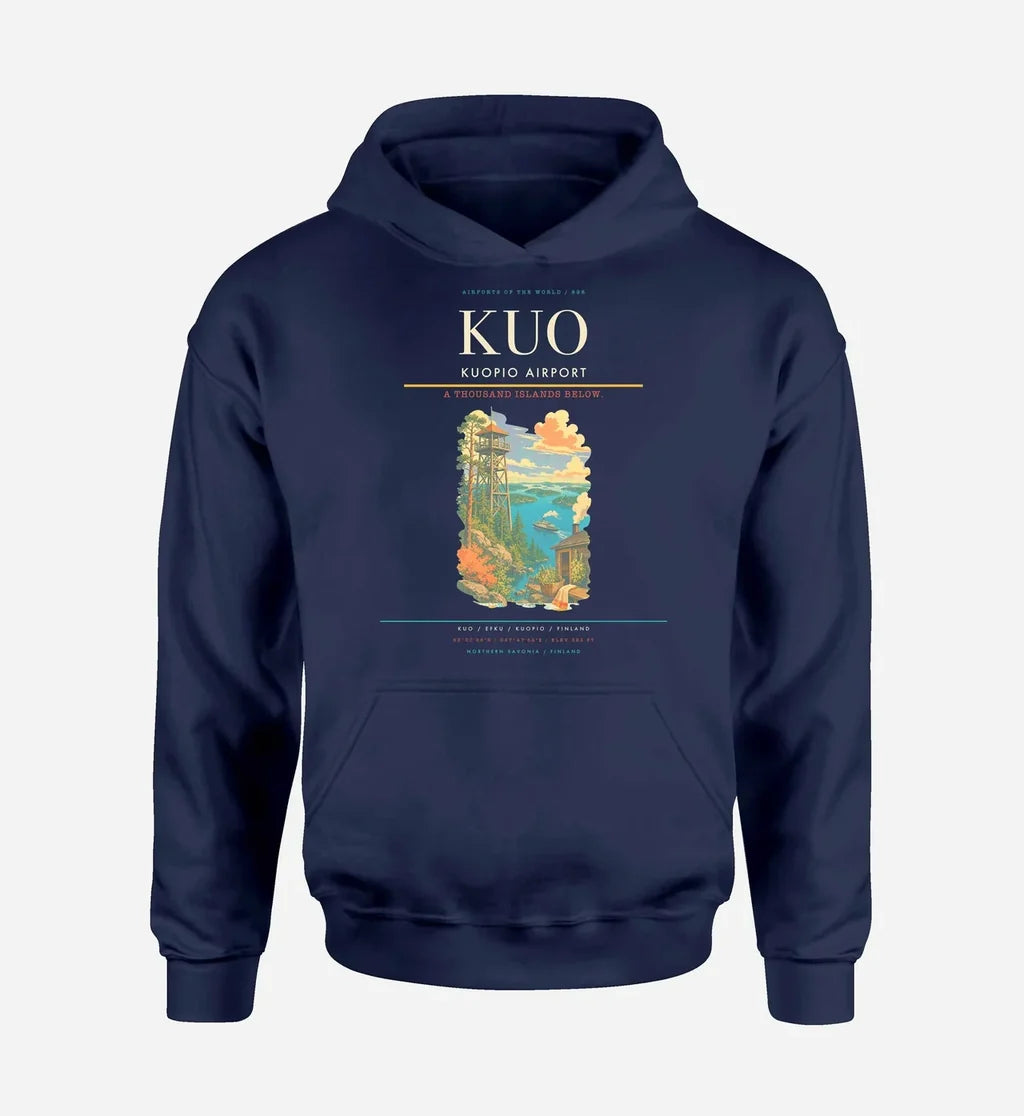 Kuopio Airport (KUO) design on navy blue hoodie single-side print