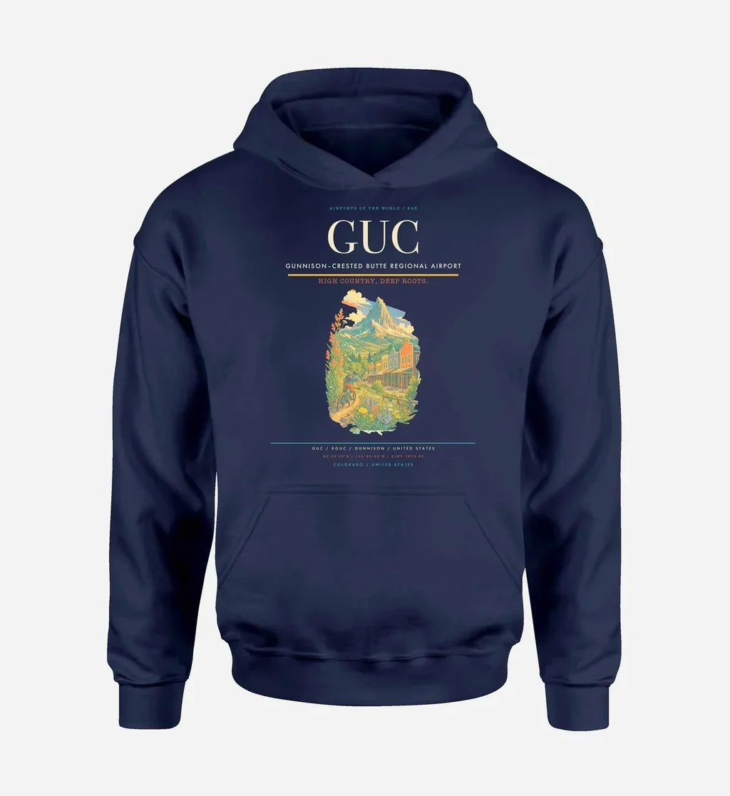 Gunnison–Crested Butte Regional Airport (GUC) design on navy blue hoodie single-side print