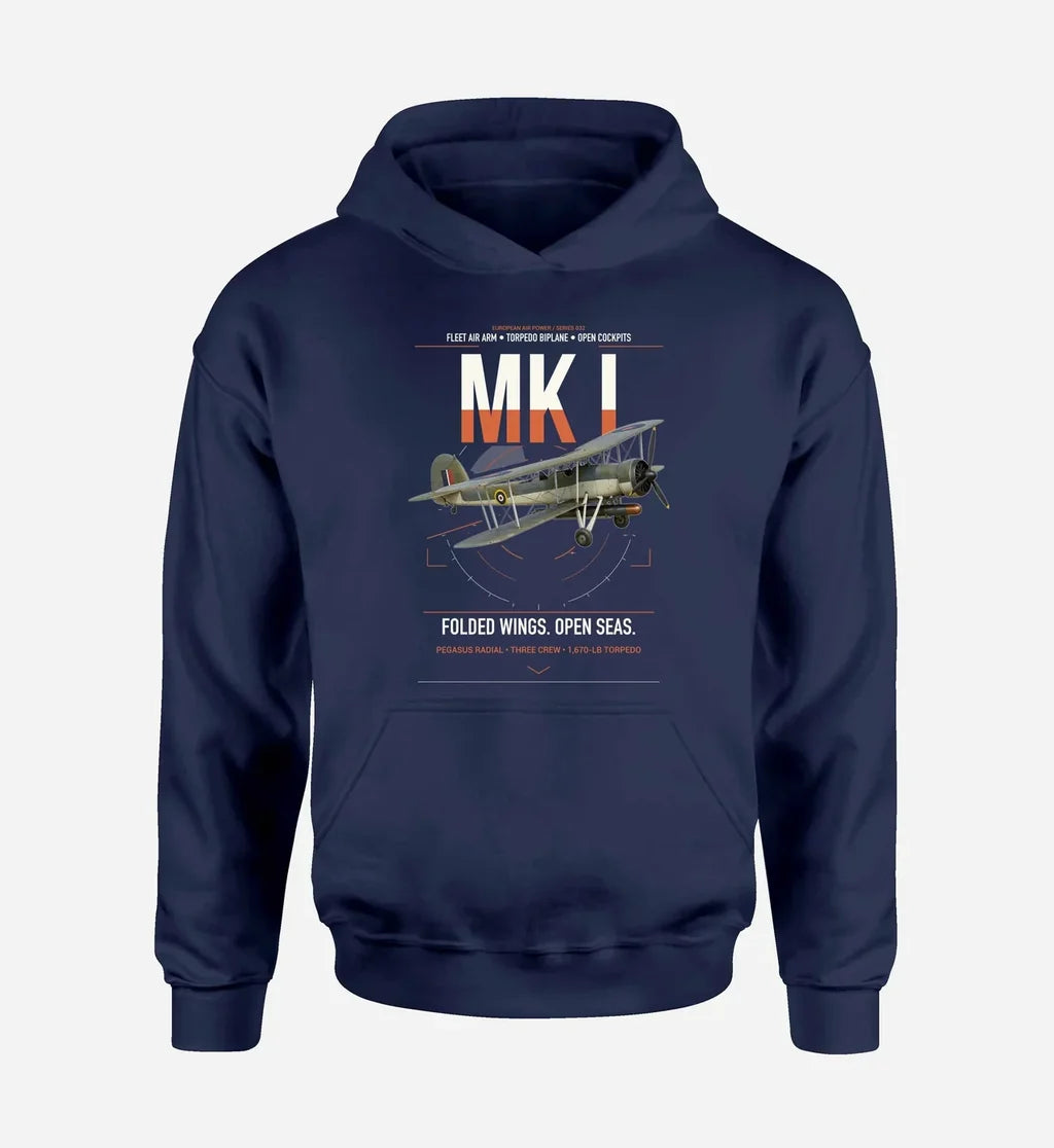 Fairey Swordfish Mk I design on navy blue double-side hoodie, single-side print