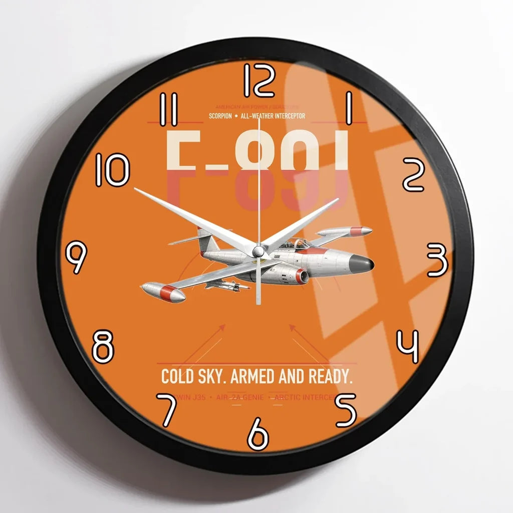 F-89J Scorpion design on orange framed wall clock