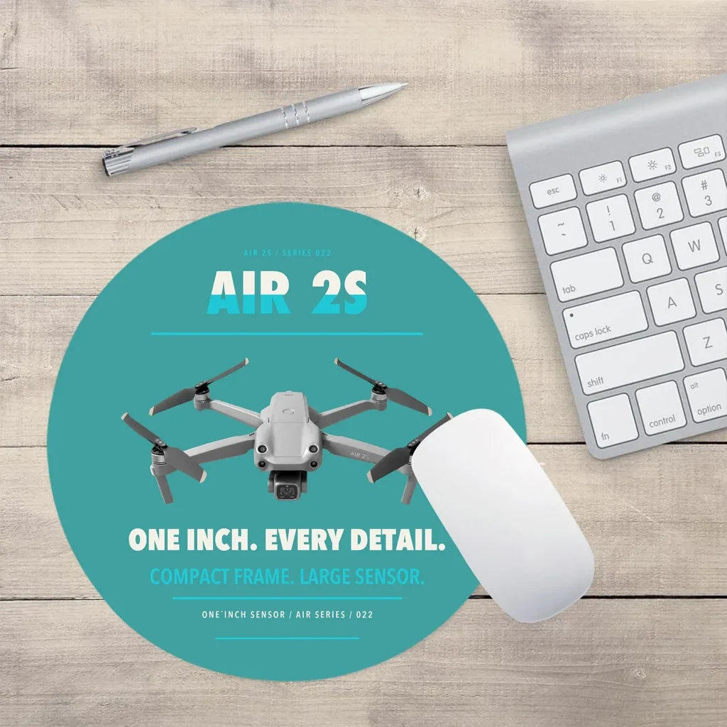 DJI Air 2S design on turquoise round mouse pad