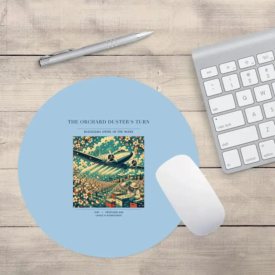 VINTAGE G4386 - The Orchard Duster's Turn - Designed Mouse Pads design on lightblue round