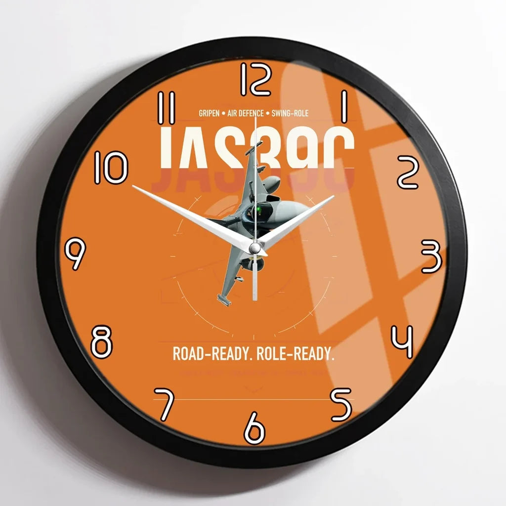 Saab JAS 39C Gripen design on orange framed wall clock