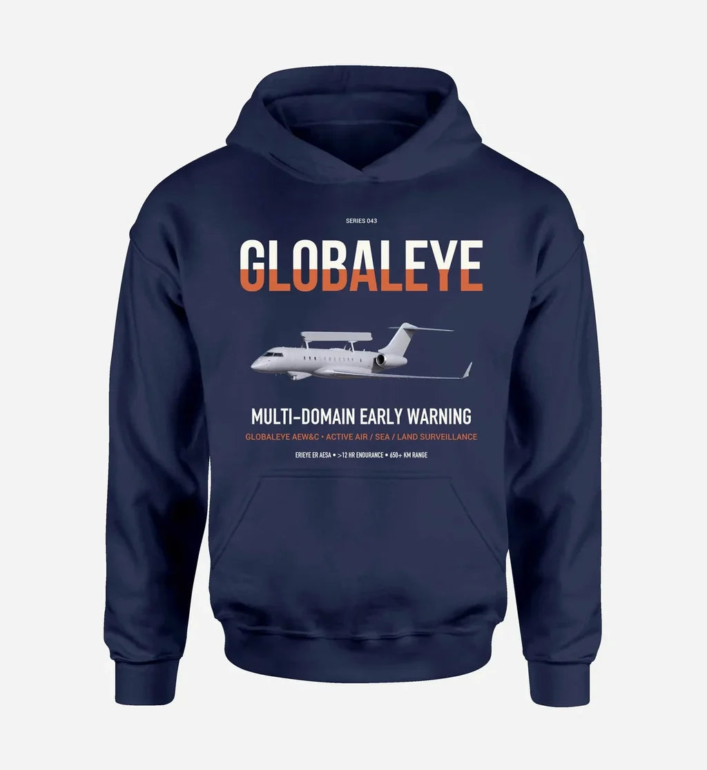 Saab GlobalEye design on navy blue double-side hoodie, single-side print