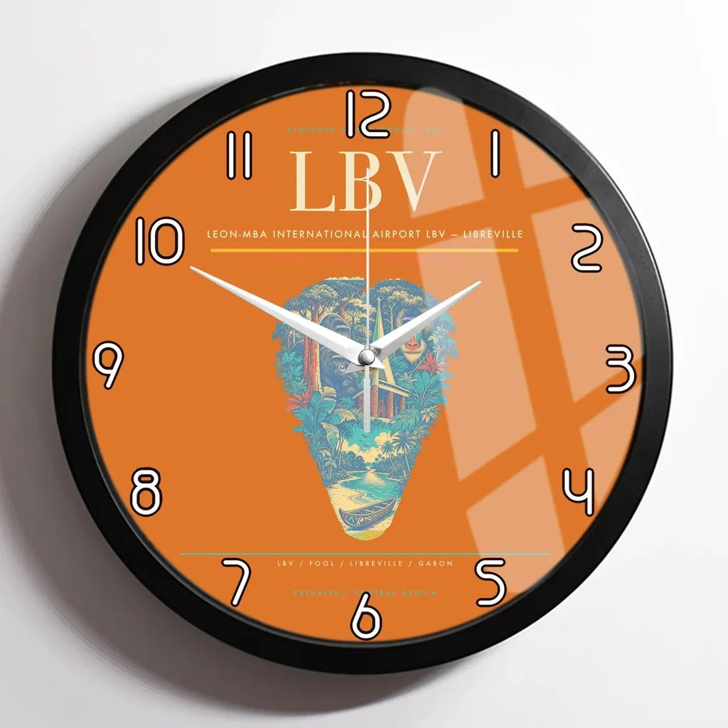 Leon-Mba International Airport (LBV) design on orange framed wall clock