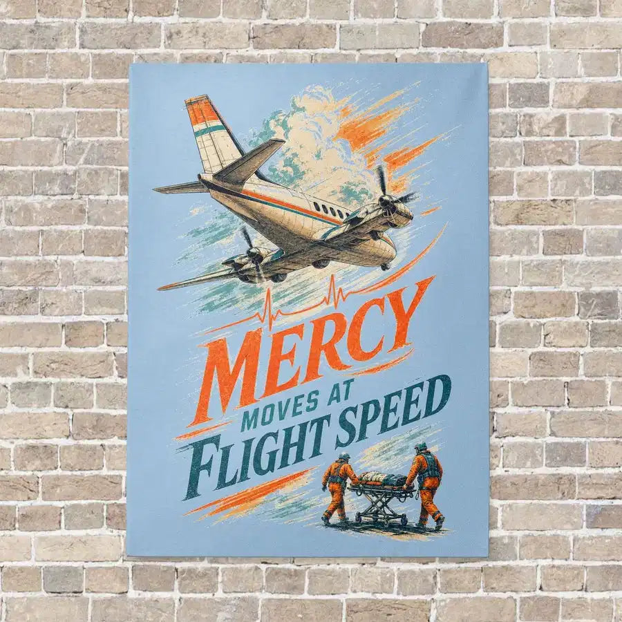 Mercy Moves At Flight Speed vertical canvas print - no frame - light blue background