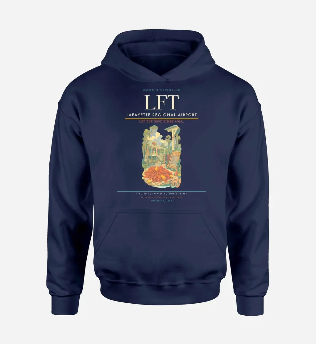 Lafayette Regional Airport (LFT) design on navy blue hoodie single-side print