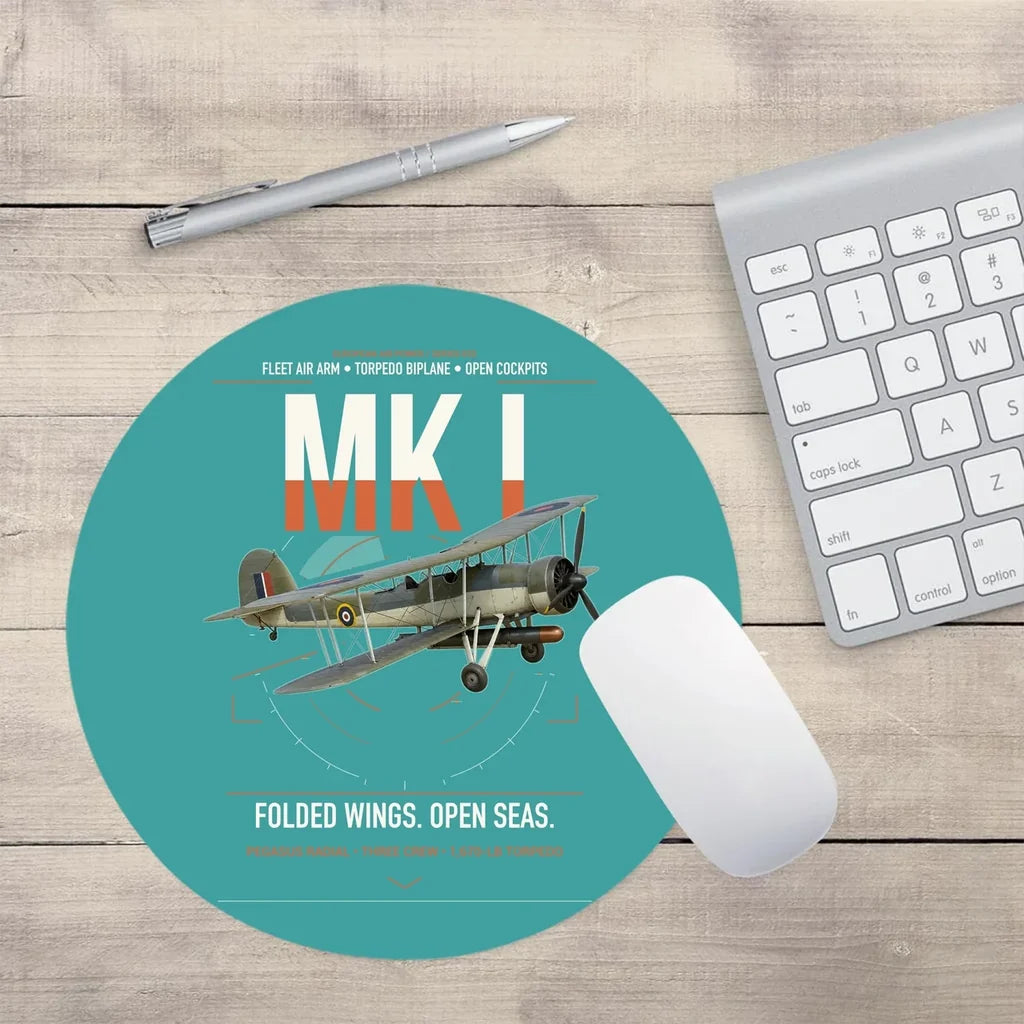 Fairey Swordfish Mk I design on turquoise round mouse pad