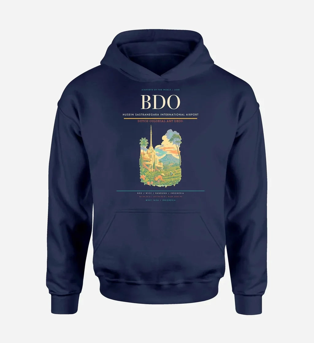 Husein Sastranegara International Airport (BDO) design on navy blue hoodie single-side print