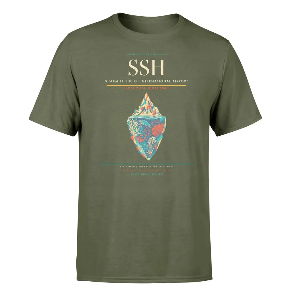 Sharm El Sheikh International Airport (SSH) T-Shirt single-side front print in Green Army | sharm-el-sheikh-international-airport-ssh-double-side-t-shirt
