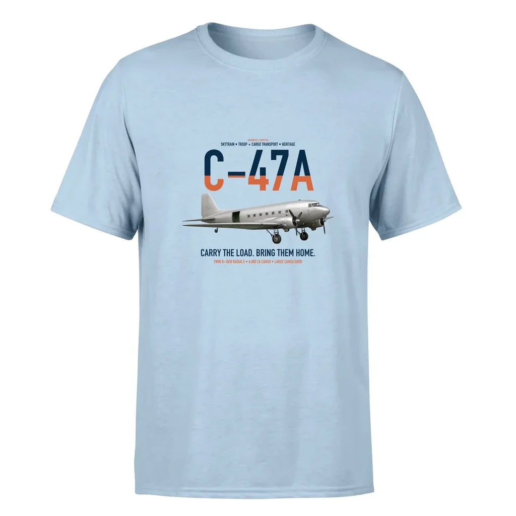 C-47A Skytrain design on light blue double-side t-shirt, single-side print