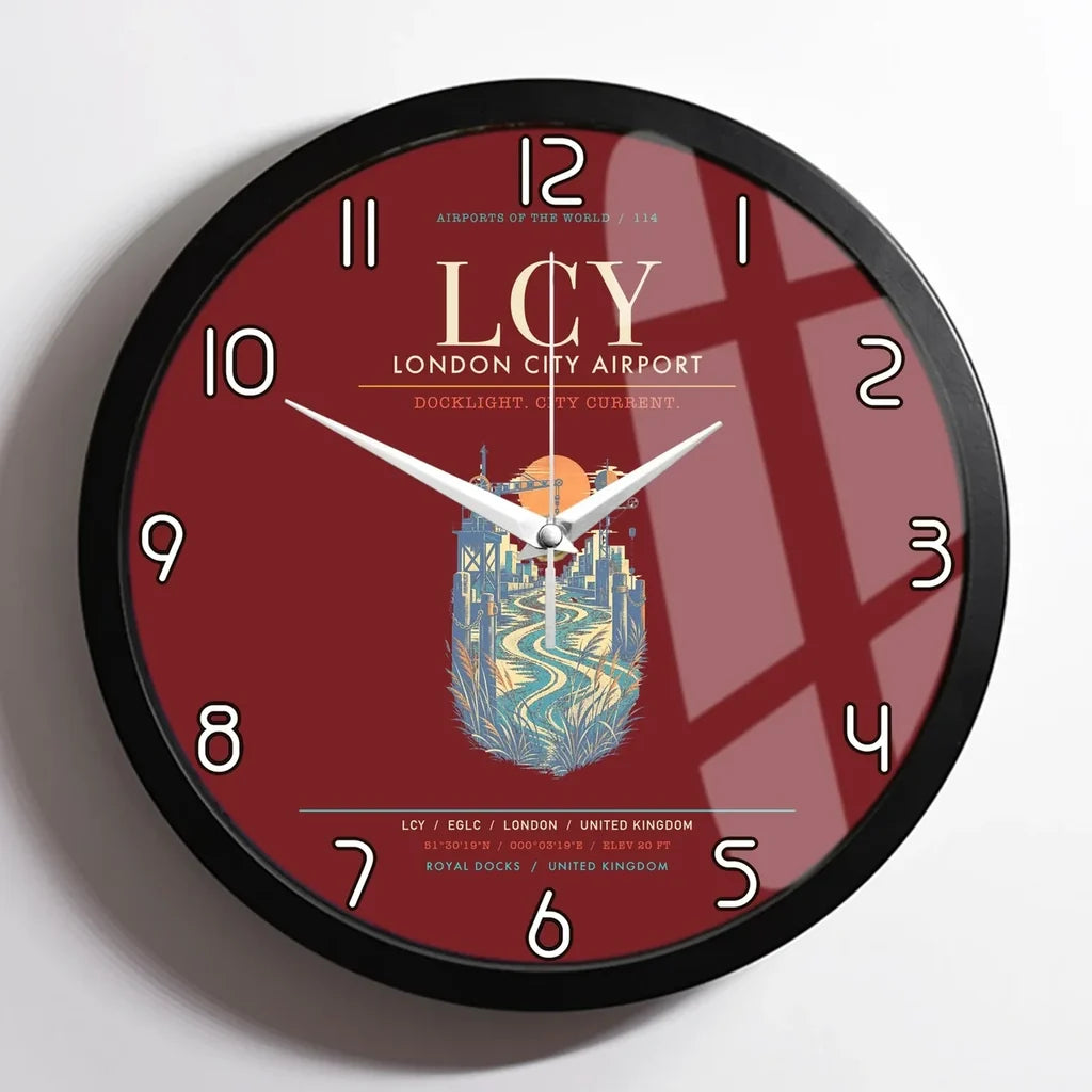 London City Airport LCY Wall-Clock Framed - Dark Red