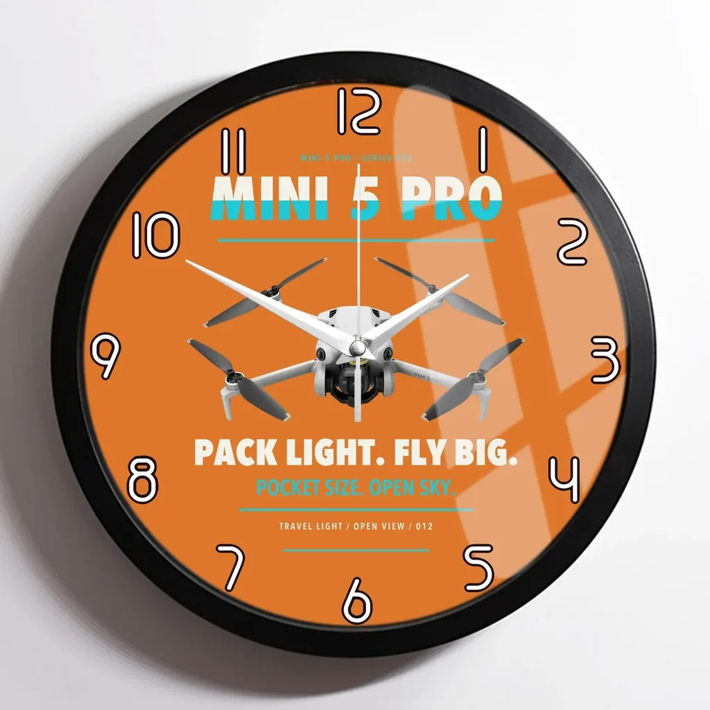DJI Mini 5 Pro design on orange framed wall clock