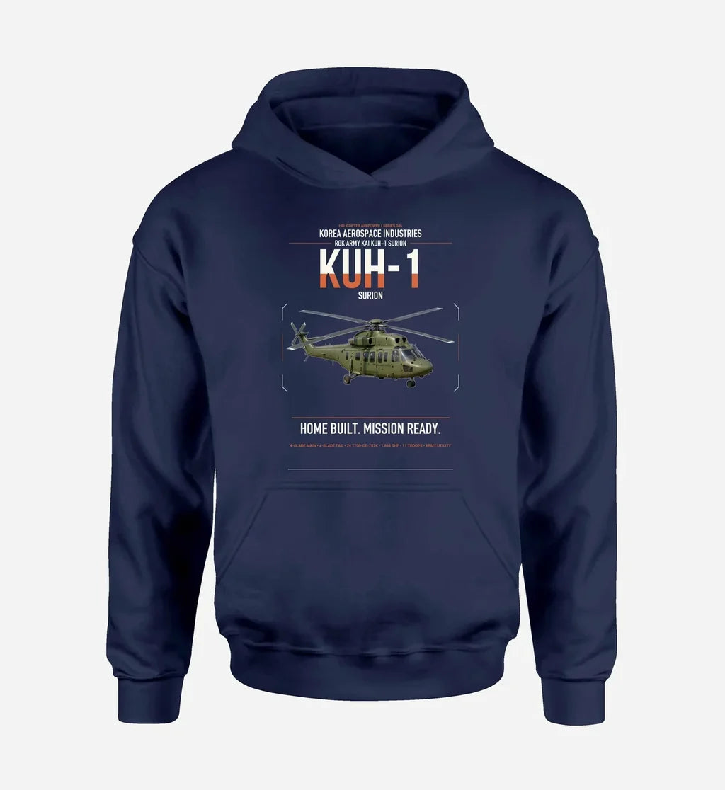 Korea Aerospace Industries KUH-1 Surion design on navy blue double-side hoodie, single-side print