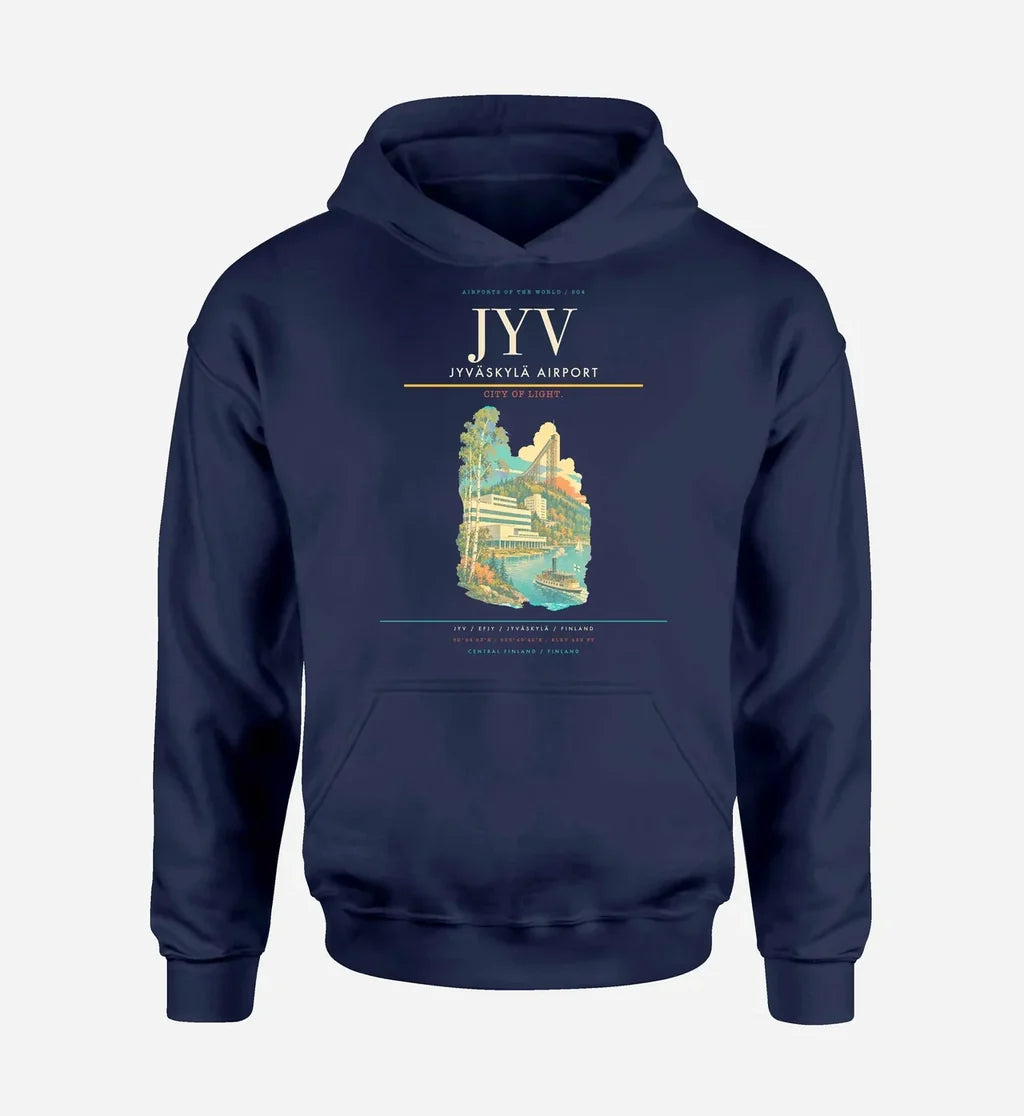 Jyväskylä Airport (JYV) design on navy blue hoodie single-side print