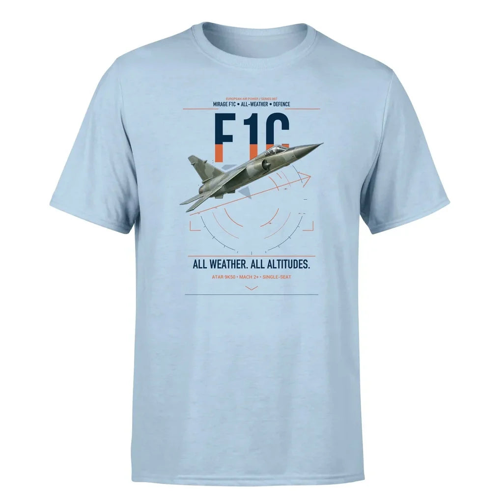 Dassault Mirage F1C design on light blue t-shirt, single-side print