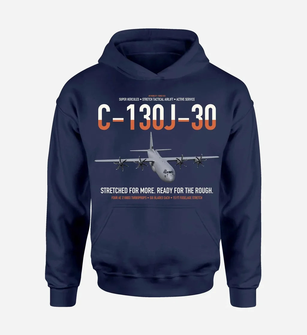 C-130J-30 Super Hercules design on navy blue double-side hoodie, single-side print