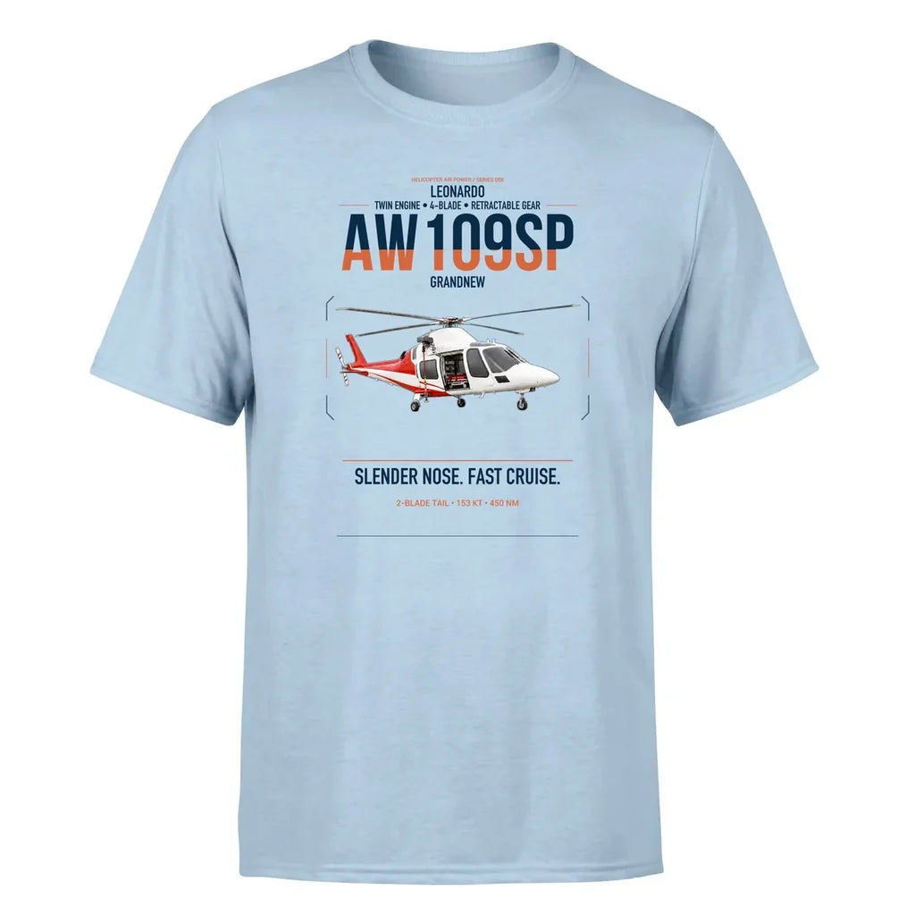 Leonardo AW109SP GrandNew design on light blue t-shirt, single-side print