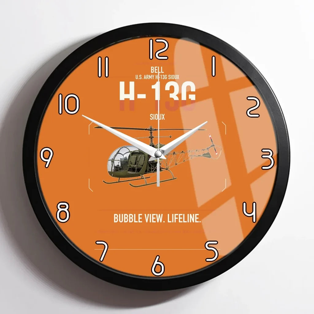 Bell H-13G Sioux design on orange framed wall clock
