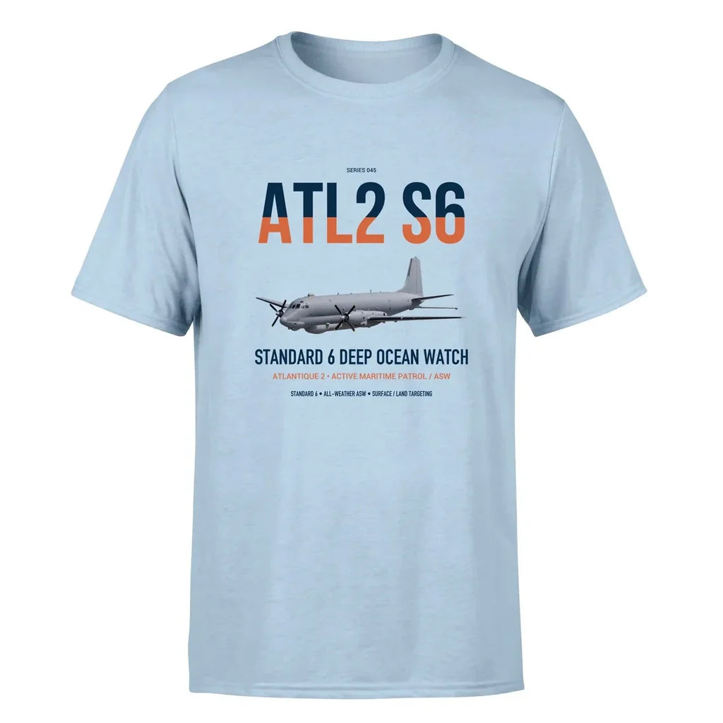 Atlantique 2 Standard 6 design on light blue double-side t-shirt, single-side print