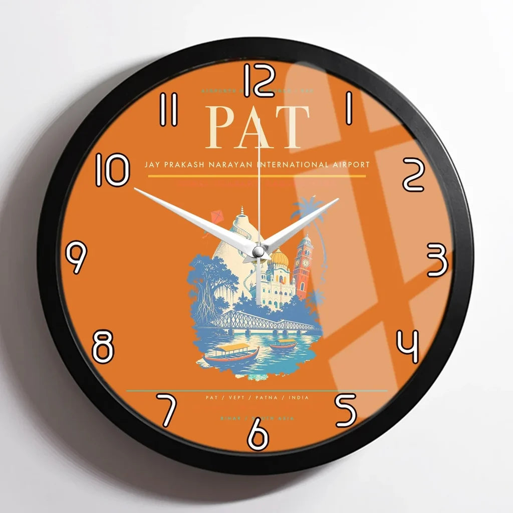 Jay Prakash Narayan International Airport (PAT) design on orange framed wall clock