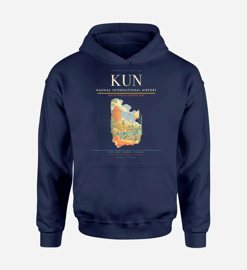 Kaunas International Airport (KUN) design on navy blue hoodie single-side print